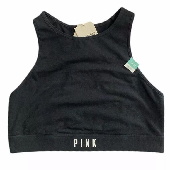 Victorias Secret Pink Sport Cotton Unlined High Neck Crop bra black Large - Picture 1 of 2